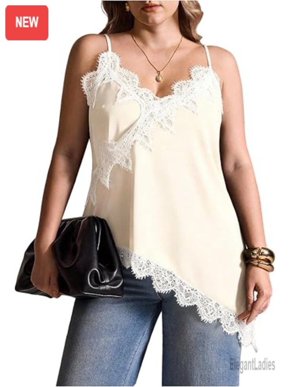 Plus Size Lace Cami Top Spaghetti Strap Sleeveless V Neck Asymmetrical Hem Tank